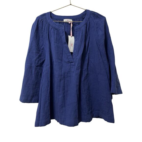 Vineyard Vines Womens Beachy Gauzy Popover 3/4 Sleeve Top Size L Navy Coastal - Picture 1 of 6